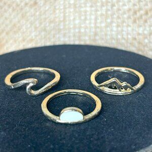 Set of 3 Gold Rings-Size 8-Mountain-Wave-Semi-Circle White Resin